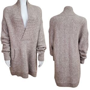 Vince V Neck Taupe Sweater Size L Wool Alpaca Blend Longer Length Pockets Shawl